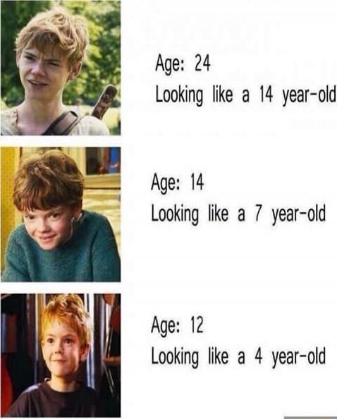 Age: 24
Looking like a 14 year-old

Age: 14
Looking like a 7 year-old

Age: 12
Looking like a 4 year-old