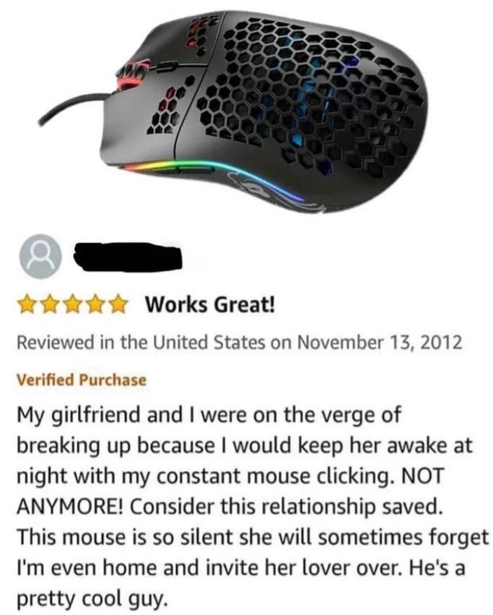 e frr Works Great Reviewed in the United States on November 13 2012 Verified Purchase My girlfriend and were on the verge of breaking up because would keep her awake at night with my constant mouse clicking NOT ANYMORE Consider this relationship saved This mouse is so silent she will sometimes forget Im even home and invite her lover over Hes a pretty cool guy