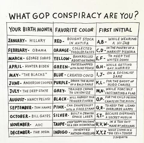 WHAT GOP CONSPIRACY ARE YoU YOUR BIRTH MONTH FAVORITE COLOR FIRST INITIAL 5 BOUGHT STock WHILE WEARING JANOARY HULLARY RED y avris AB A hiaas FEBRUARY 0BAmA ORANGE SOLLECTED cp y i iahy oo AIoT bizenih o KEEP THE IMARCH GEORSE SOROS YELLOW i oo B F uiiree domnt cESsptD it GeTr APRIL HUNTER BIDEN GREEN e e peuce H S makkico il e MAY THE BLACKS BLUE CReATED covio LI O Biee s DRRRK THE 3593 FoRTHE Gr