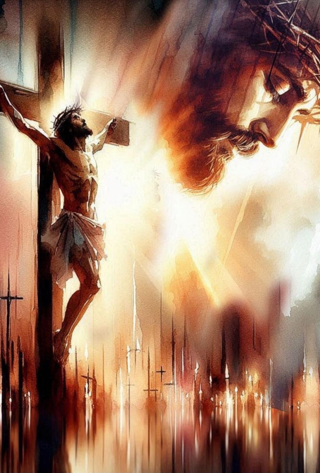 A dramatic painting depicting a man on a cross with another figure suspended in the air amid flames and smoke; a chaotic, fiery scene.