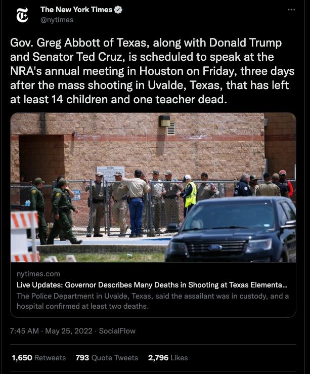 The New York Times nytimes CTVALCTEN No ool s o SEERET O AW U DITL ETT VT To and Senator Ted Cruz is scheduled to speak at the DN ENCE T L VETN T A R TIVE T KoL N ST VAR TN BV after the mass shooting in Uvalde Texas that has left EHEEE S EA TR R NG R CET I R nytimescom Live Updates Governor Describes Many Deaths in Shooting at Texas Elementa The Police Department in Uvalde Texas said the assailant