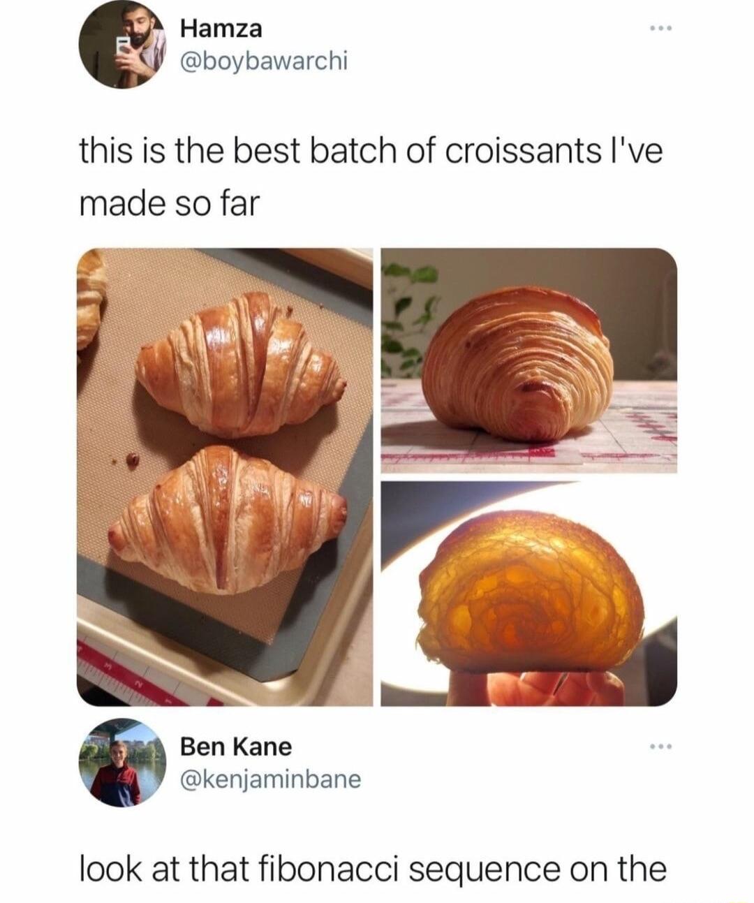 Hamza boybawarchi this is the best batch of croissants Ive made so far p Ben Kane kenjaminbane look at that fibonacci sequence on the