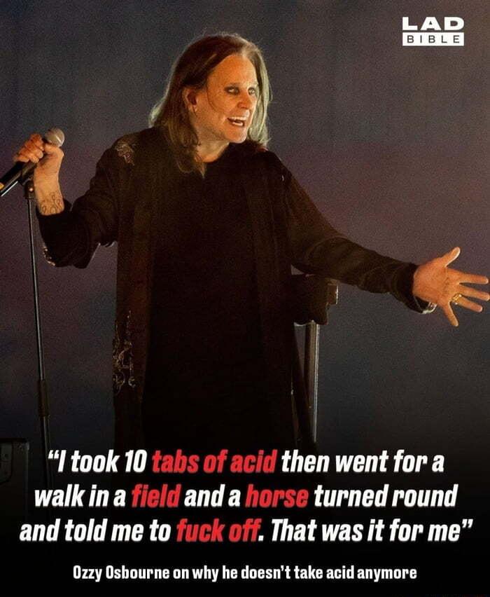 r B I took 10 tabs of acid then went for a walk in a ficd and a horse turned round and told me to fuck of That was it for me 0zzy Oshourne on why he doesnt take acid anymore