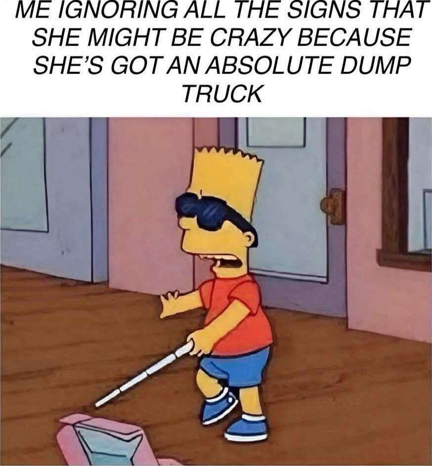 ME IGNORING ALL THE SIGNS THAT SHE MIGHT BE CRAZY BECAUSE SHE'S GOT AN ABSOLUTE DUMP TRUCK