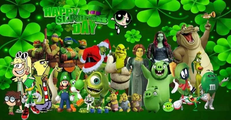 HAPPY St. Patrick's DAY. A large group of popular cartoon and movie characters, many of them green or wearing green, are gathered together against a background of shamrocks, celebrating St. Patrick's Day.