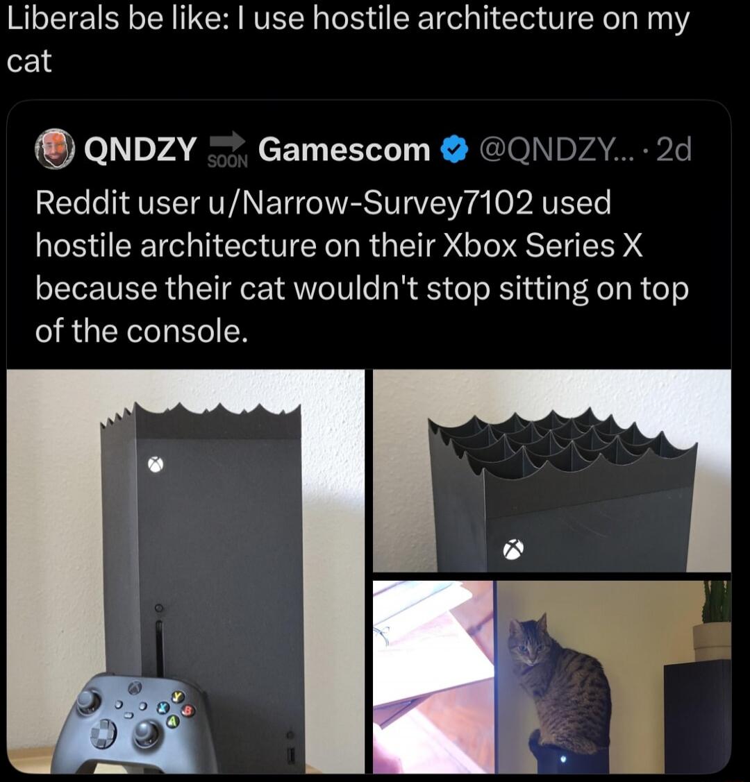 Liberals be like: I use hostile architecture on my cat. QNDZY SOON Gamescom @QNDZY... 2d. Reddit user u/Narrow-Survey7102 used hostile architecture on their Xbox Series X because their cat wouldn't stop sitting on top of the console.