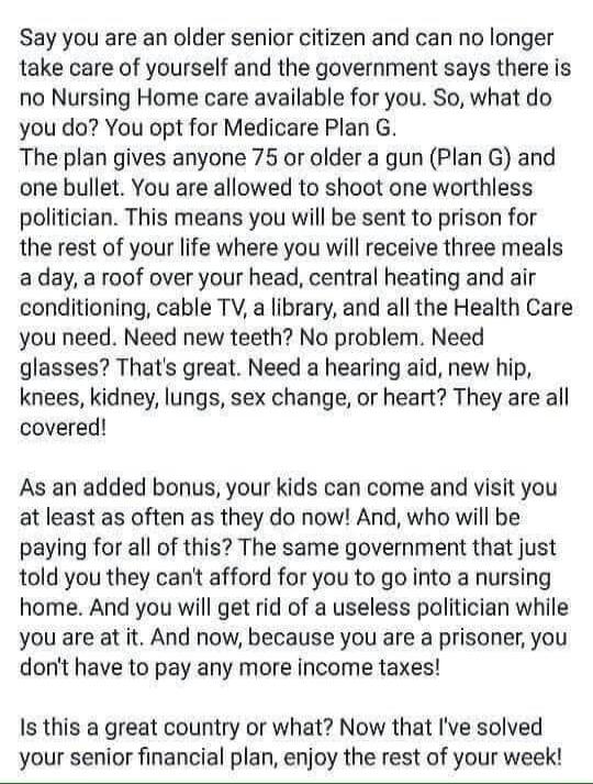 Say you are an older senior citizen and can no longer take care of yourself and the government says there is no Nursing Home care available for you. So, what do you do? You opt for Medicare Plan G. The plan gives anyone 75 or older a gun (Plan G) and one bullet. You are allowed to shoot one worthless politician. This means you will be sent to priso