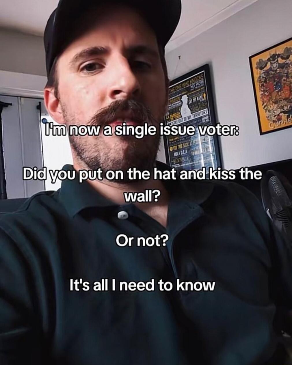 I'm now a single issue voter: Did you put on the hat and kiss the wall? Or not? It's all I need to know