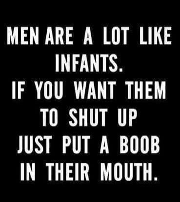 MEN ARE A LOT LIKE INFANTS. IF YOU WANT THEM TO SHUT UP JUST PUT A BOOB IN THEIR MOUTH.