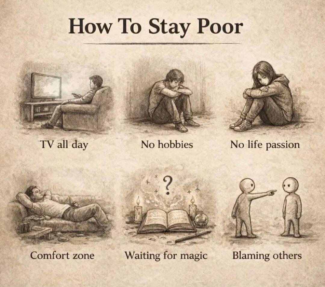 How To Stay Poor
TV all day
No hobbies
No life passion
Comfort zone
Waiting for magic
Blaming others