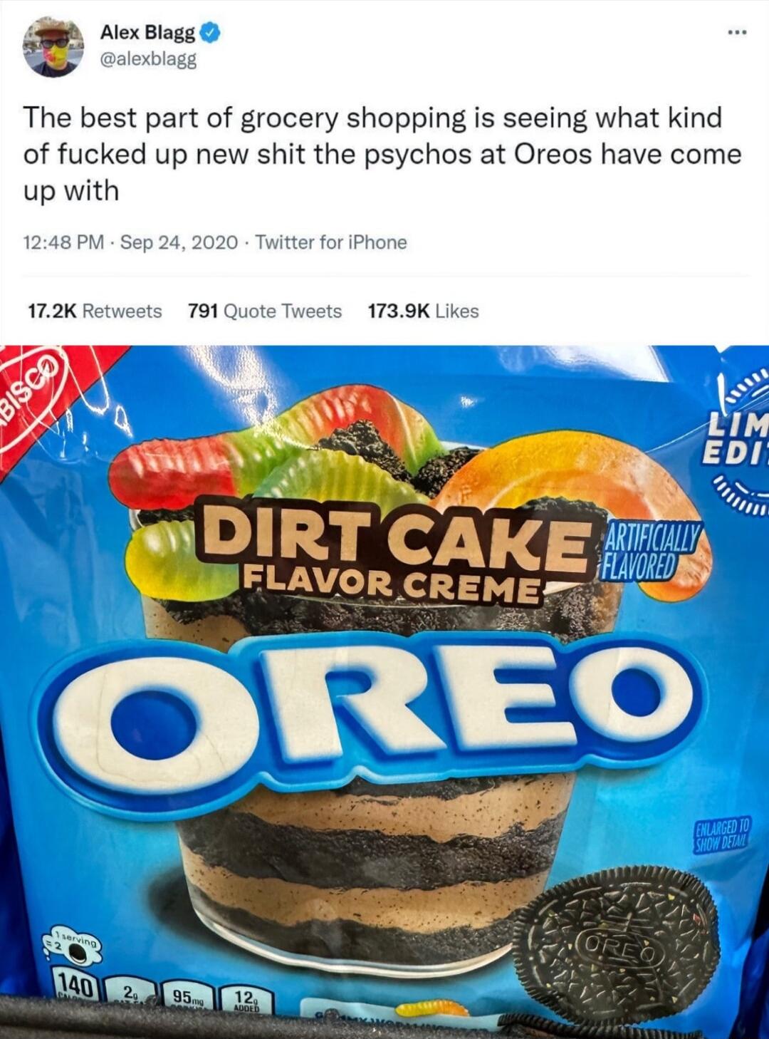 Alex Blagg The best part of grocery shopping i seeing what kind of fucked up new shit the psychos at Oreos have come up with 172K Retweets 791 Quot 1739K Lik