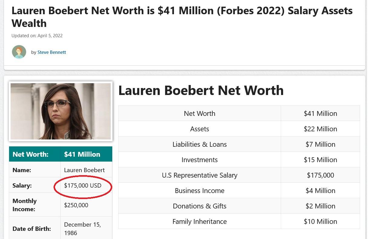 Lauren Boebert Net Worth is 41 Million Forbes 2022 Salary Assets Wealth Lauren Boebert Net Worth T s Ssion o ot US Representative Salary 175000