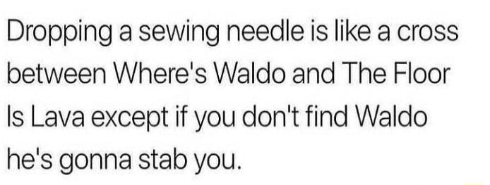 Dropping a sewing needle is like a cross between Wheres Waldo and The Floor Is Lava except if you dont find Waldo hes gonna stab you