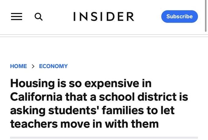 Q INSIDER sueecrive HOME ECONOMY Housing is so expensive in California that a school district is asking students families to let teachers move in with them Alcynna Lioyd 20PM