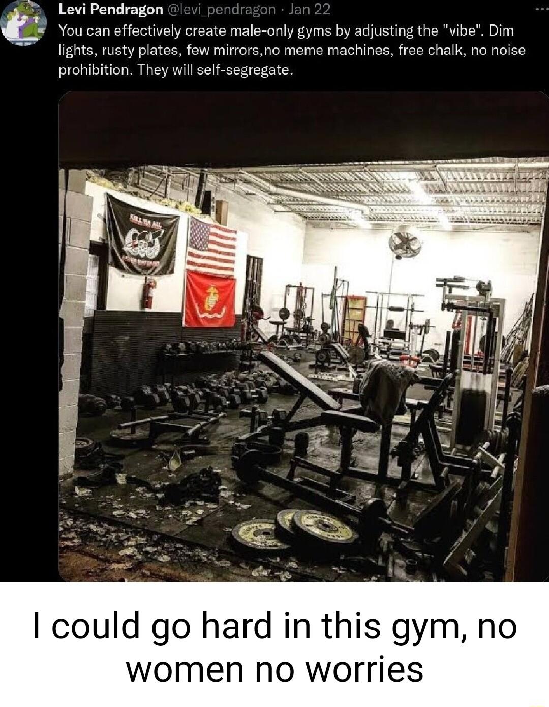 Levi Pendragon t Yol efiaciion ting the vibe Dim lghte sty plte s ik i protibiton They I could go hard in this gym no women no worries