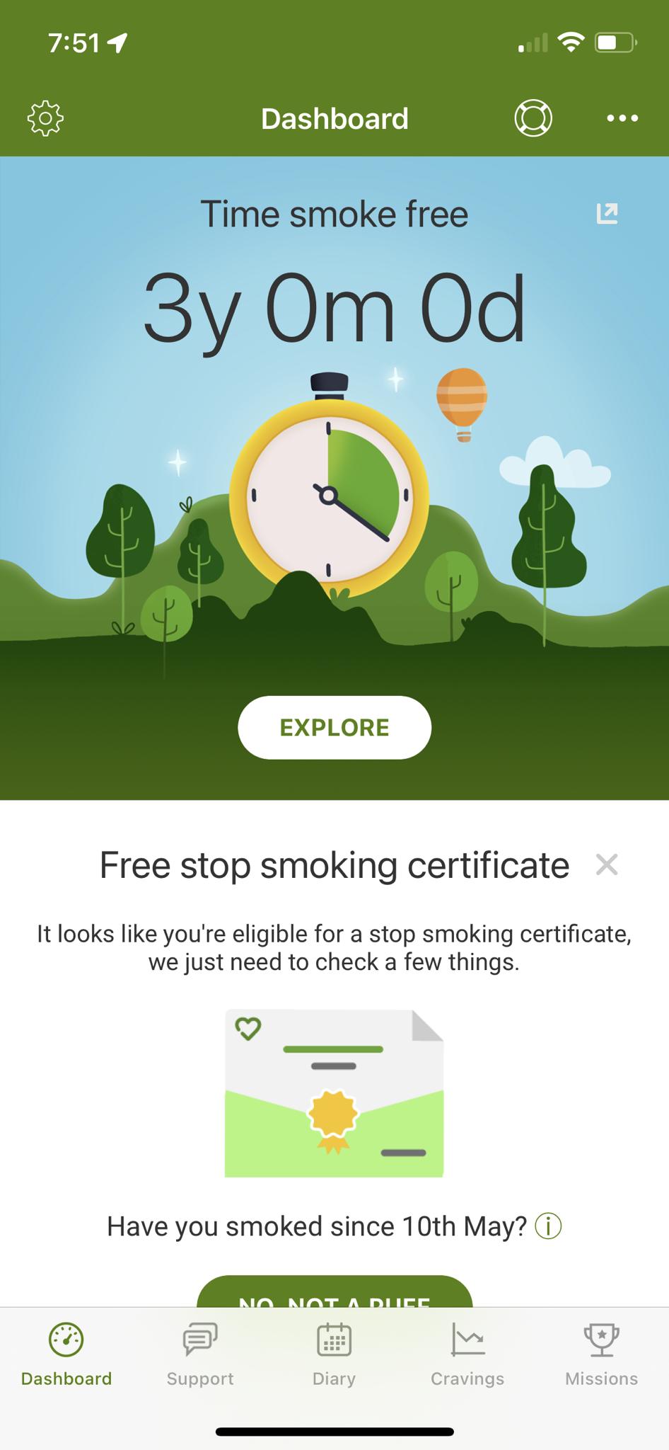 EXPLORE Free stop smoking certificate Itlooks like youre eligible for a stop smoking certificate we just need to check a few things Q Have you smoked since 10th May i Dashboard