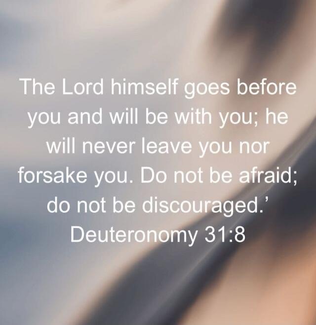 The Lord himself goes before you and will be with you; he will never leave you nor forsake you. Do not be afraid; do not be discouraged. Deuteronomy 31:8