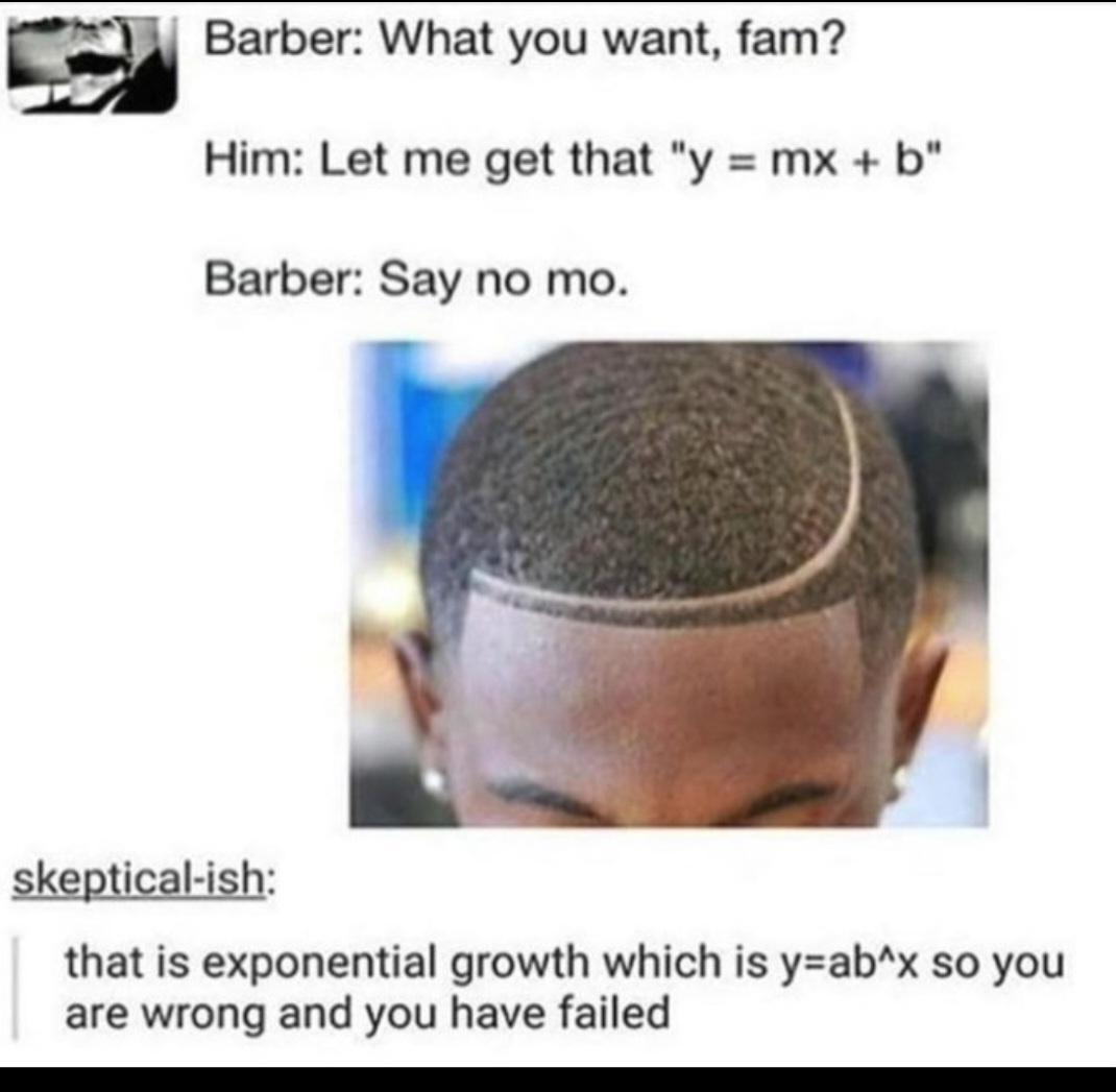 Barber What you want fam Him Let me get that y mx b Barber Say no mo that is exponential growth which is yabx so you are wrong and you have failed