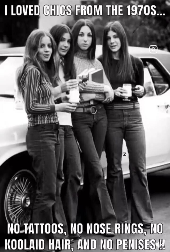 I LOVED CHICS FROM THE 1970S... NO TATTOOS, NO NOSE RINGS, NO KOOLAID HAIR, AND NO PENISES !!