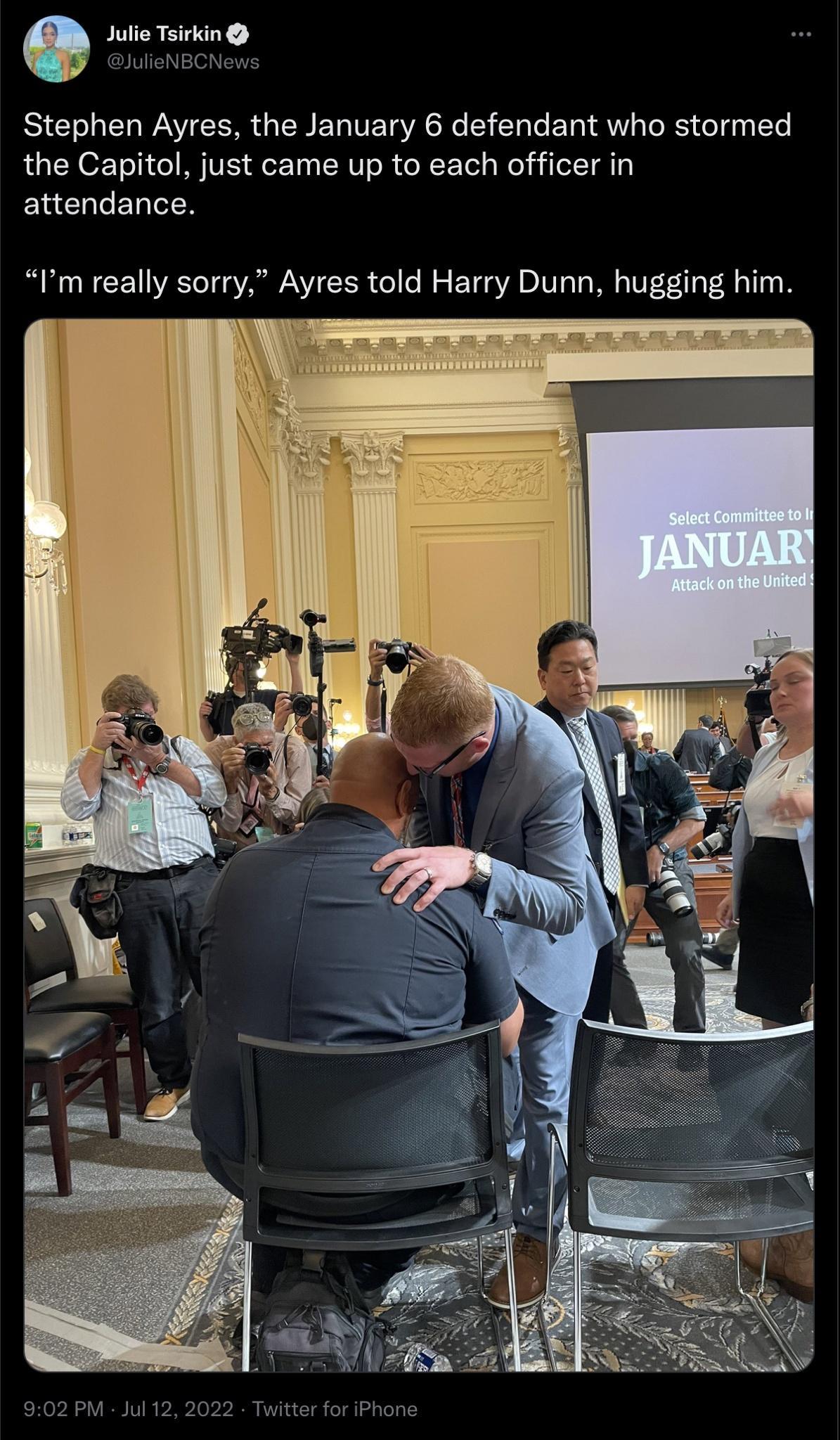 0 Julie Tsirkir Stephen Ayres the January 6 defendant who stormed the Capitol just came up to each officer in ERCULELTER Im really sorry Ayres told Harry Dunn hugging him
