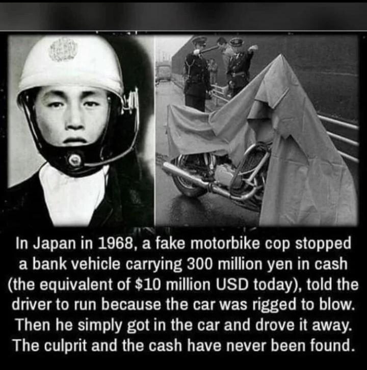 LRENEURTI LT RS EUCR G R RS G a bank vehicle carrying 300 million yen in cash the equivalent of 10 million USD today told the driver to run because the car was rigged to blow Then he simply got in the car and drove it away The culprit and the cash have never been found