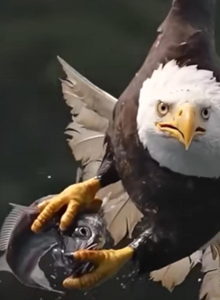 A bald eagle grabs a fish with its talons, close-up of the bird on water.