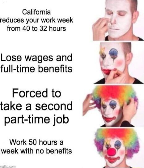 California reduces your work week from 40 to 32 hours Lose wages and full time benefits Forced to take a second part time job Work 50 hours a week with no benefits