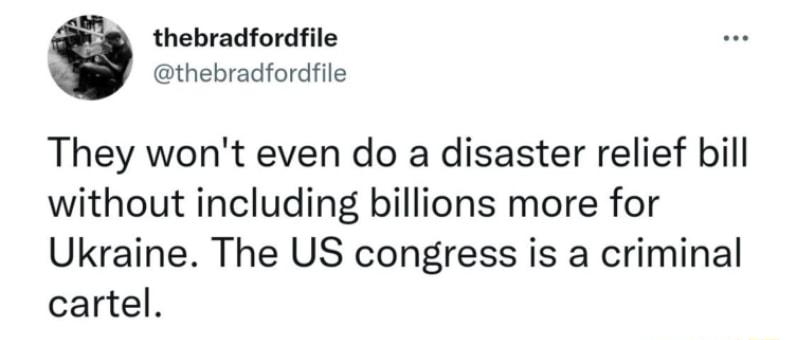 thebradfordfile thebradfordfile They wont even do a disaster relief bill without including billions more for Ukraine The US congress is a criminal cartel