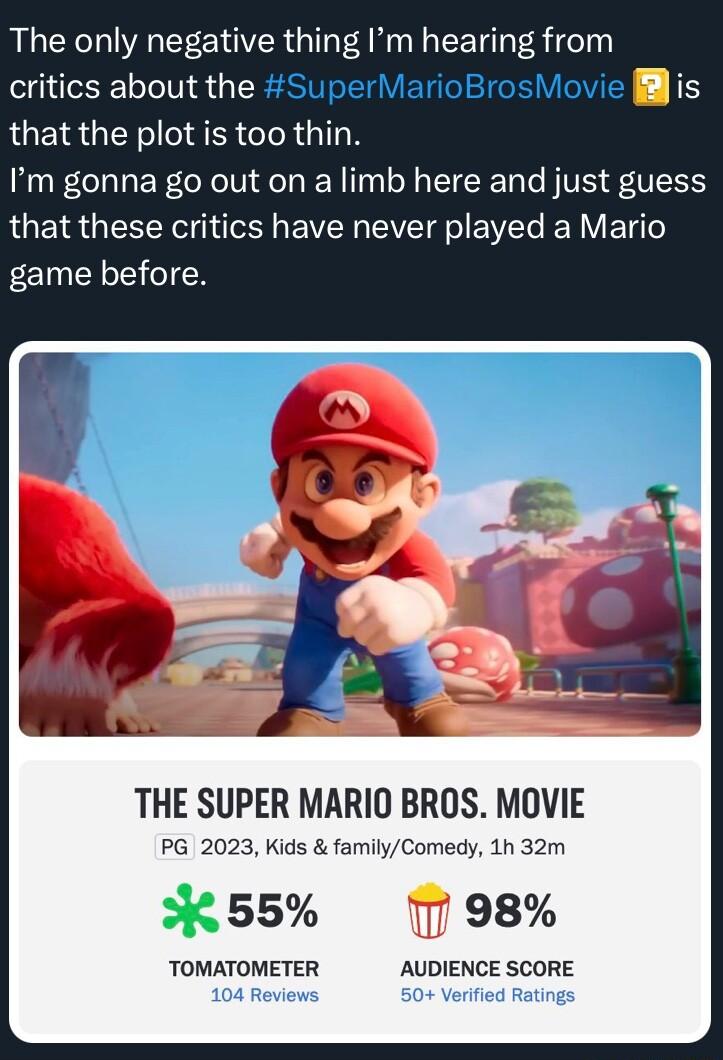 The only negative thing Im hearing from critics about the SuperMarioBrosMovie is that the plot is too thin Im gonna go out on a limb here and just guess that these critics have never played a Mario game before THE SUPER MARIO BROS MOVIE PG 2023 Kids familyComedy 1h 32m H55 7 98 TOMATOMETER AUDIENCE SCORE