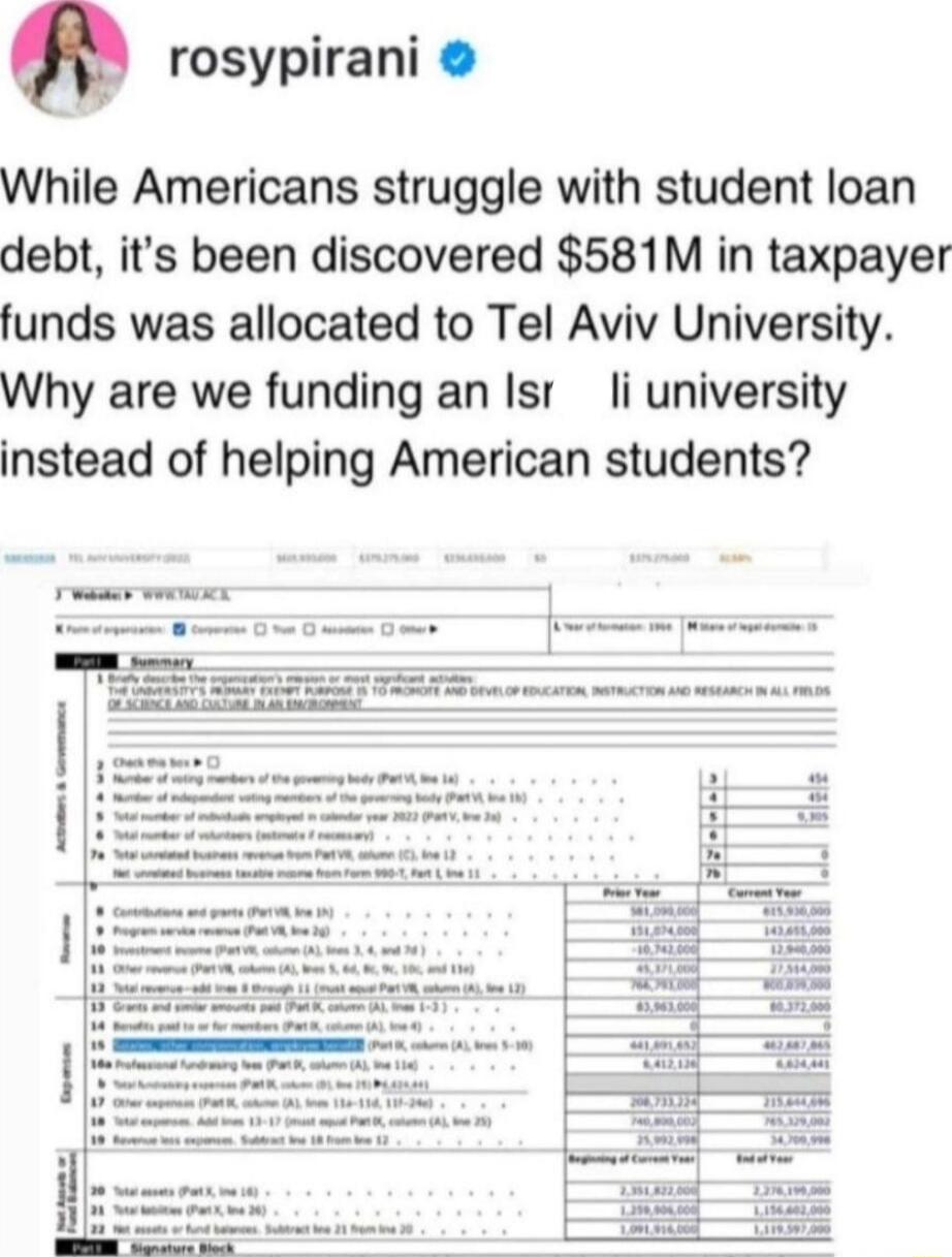 rosypirani While Americans struggle with student loan debt its been discovered 581M in taxpayer funds was allocated to Tel Aviv University Why are we funding an Isr i university instead of helping American students
