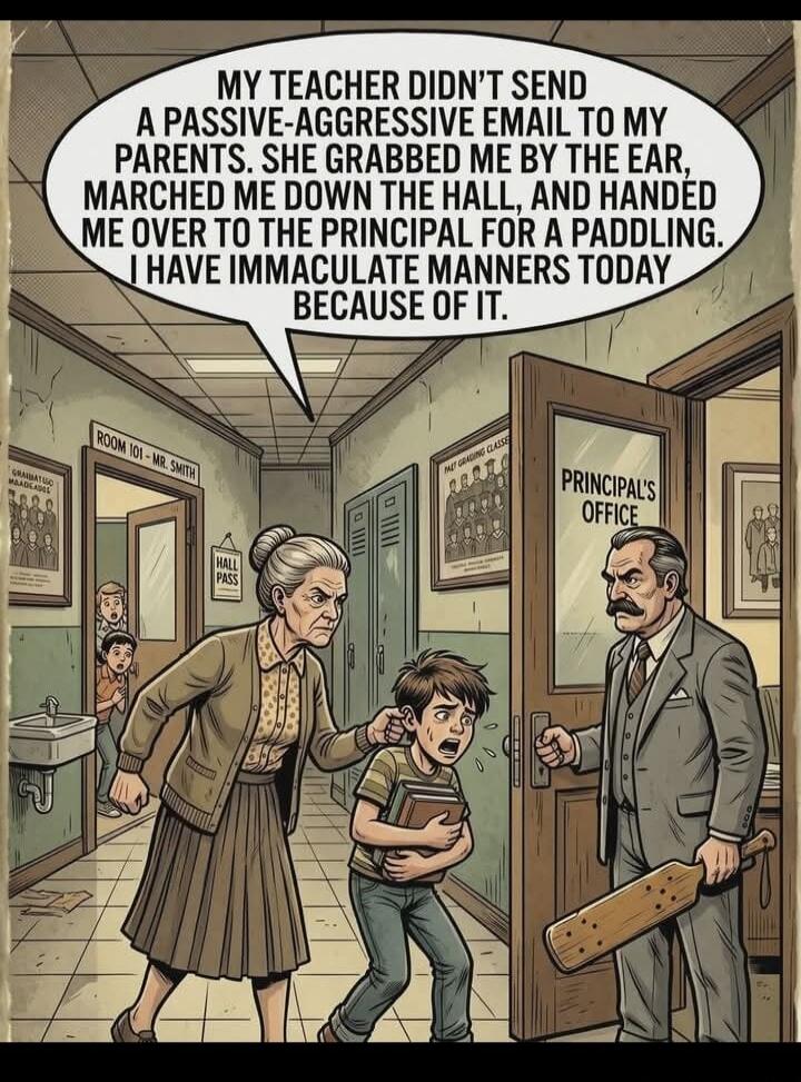 MY TEACHER DIDN'T SEND A PASSIVE-AGGRESSIVE EMAIL TO MY PARENTS. SHE GRABBED ME BY THE EAR, MARCHED ME DOWN THE HALL, AND HANDED ME OVER TO THE PRINCIPAL FOR A PADDLING. I HAVE IMMACULATE MANNERS TODAY BECAUSE OF IT.