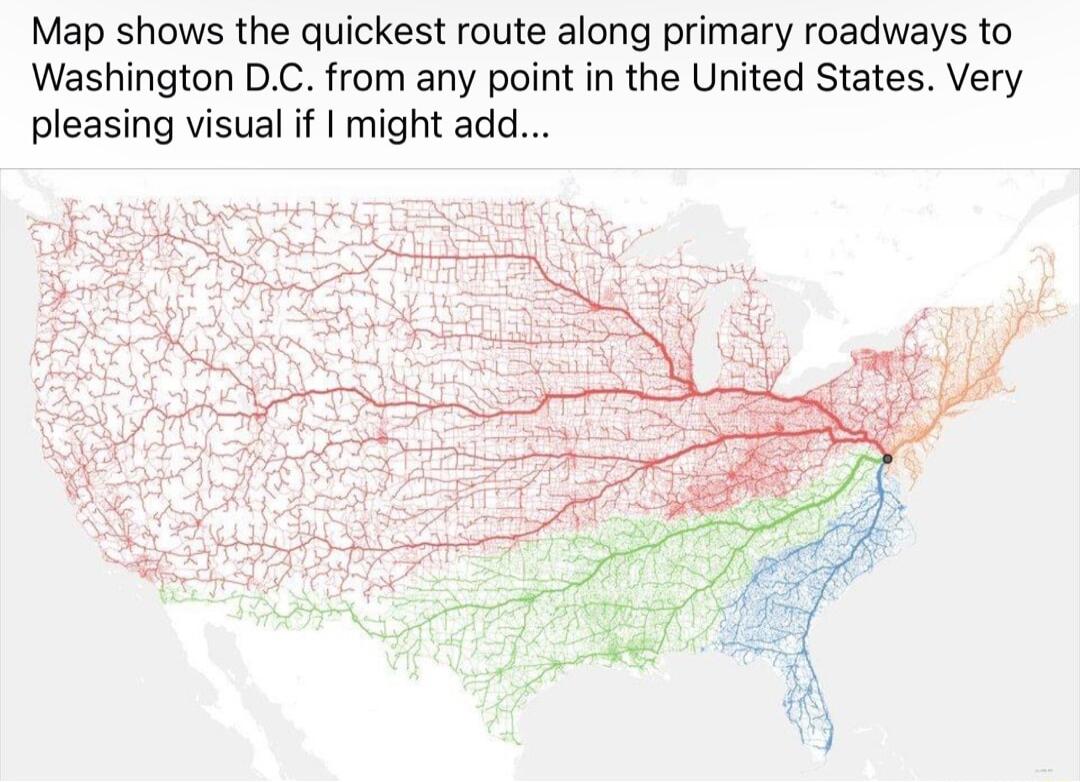 Map shows the quickest route along primary roadways to Washington DC from any point in the United States Very pleasing visual if might add