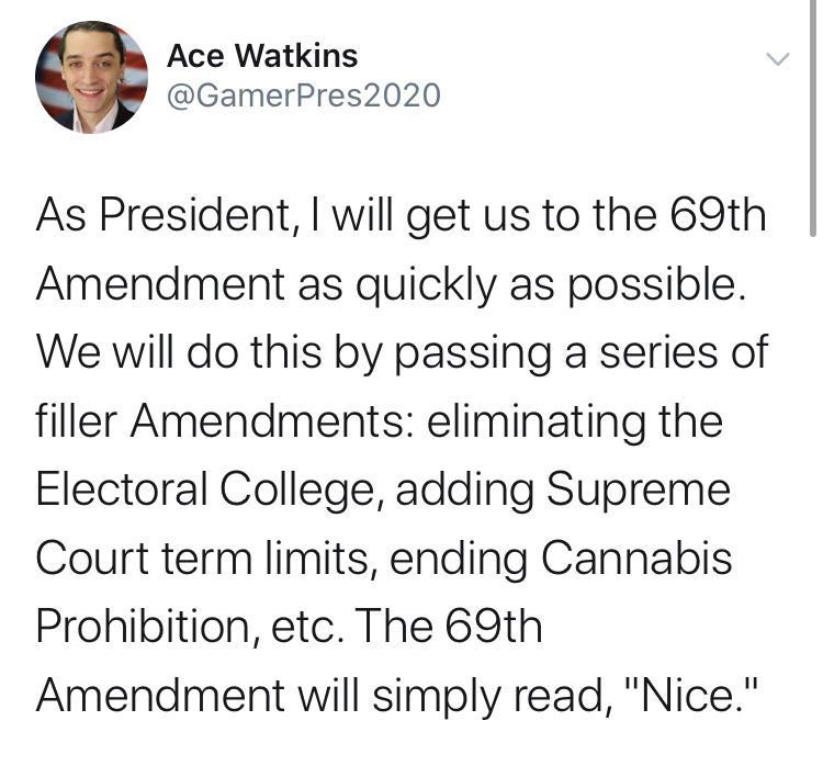 Ace Watkins GamerPres2020 As President will get us to the 69th Amendment as quickly as possible We will do this by passing a series of filler Amendments eliminating the Electoral College adding Supreme Court term limits ending Cannabis Prohibition etc The 69th Amendment will simply read Nice