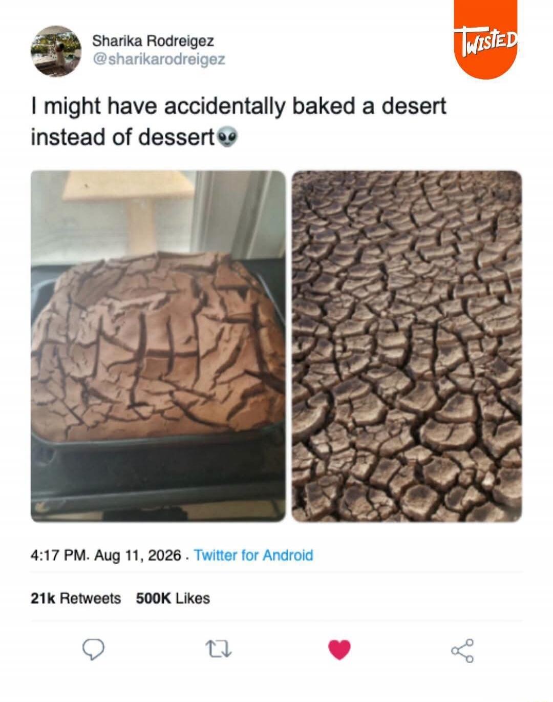 Sharika Rodreigez @sharikarodreigez I might have accidentally baked a desert instead of dessert 👽 4:17 PM. Aug 11, 2026. Twitter for Android 21k Retweets 500K Likes TWISTED