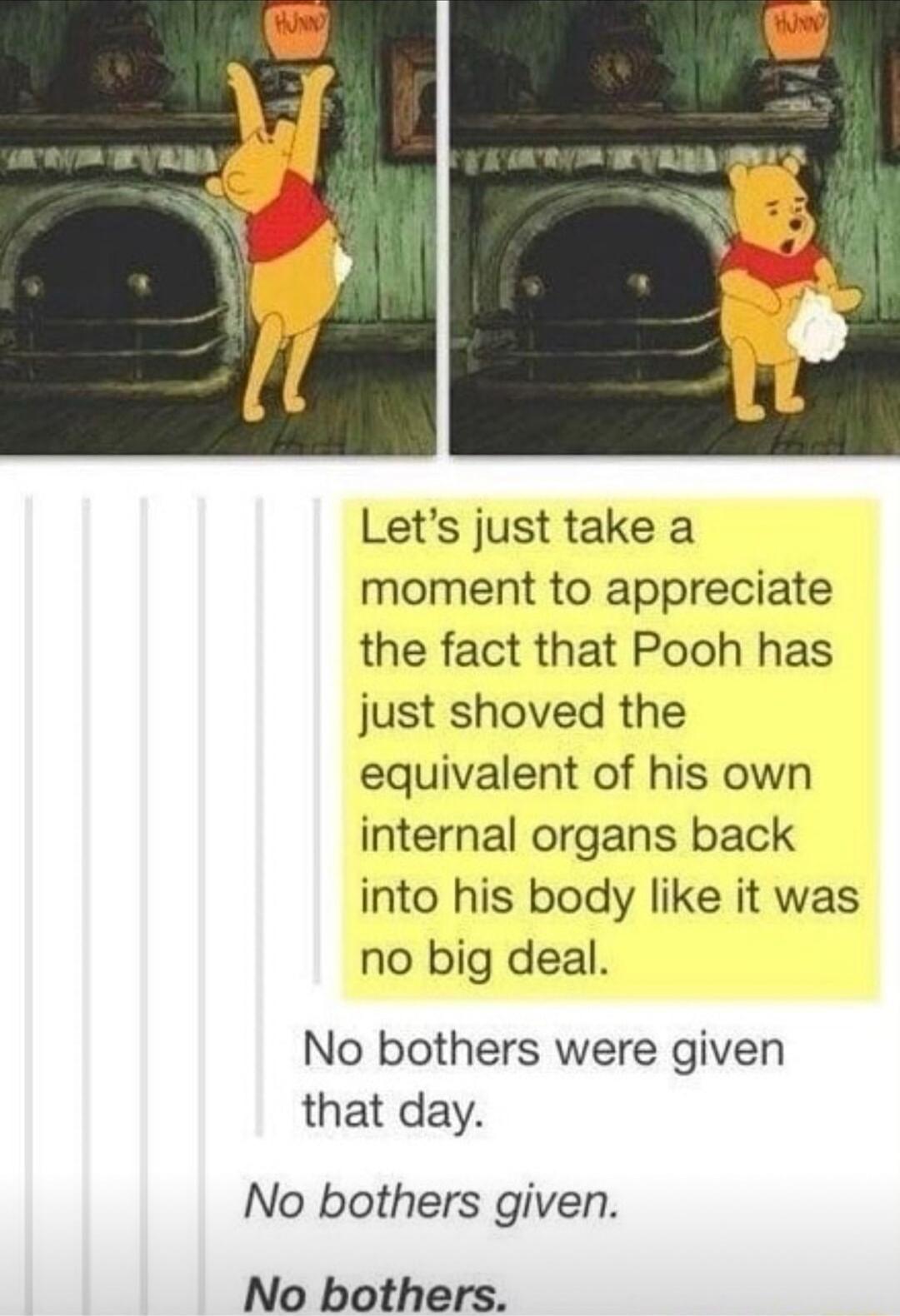 Lets just take a moment to appreciate the fact that Pooh has just shoved the equivalent of his own internal organs back into his body like it was no big deal No bothers were given that day No bothers given No bothers