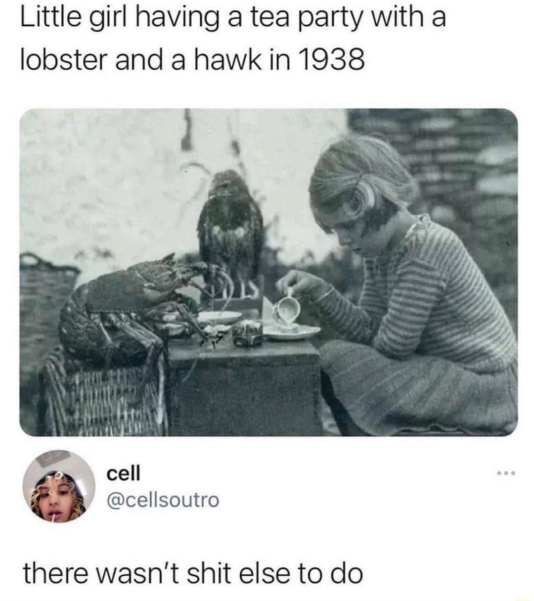 Little girl having a tea party with a lobster and a hawk in 1938 there wasnt shit else to do