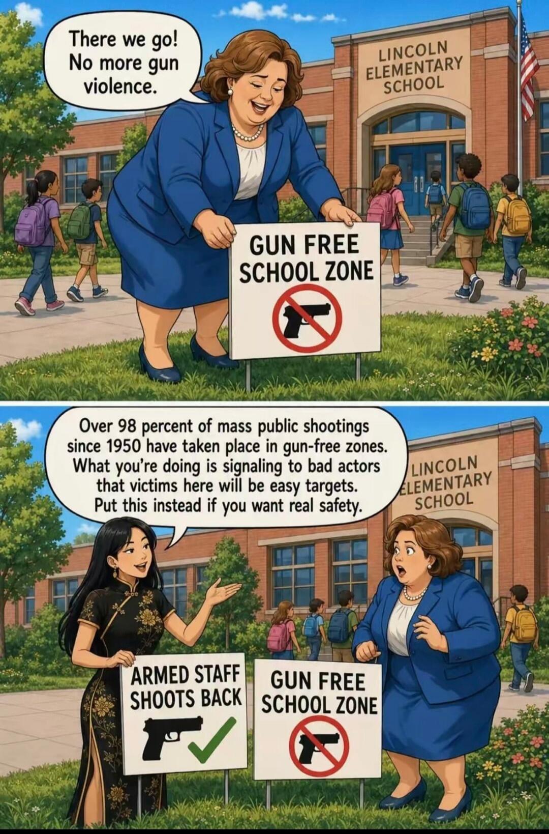 There we go! No more gun violence. LINCOLN ELEMENTARY SCHOOL. GUN FREE SCHOOL ZONE. Over 98 percent of mass public shootings since 1950 have taken place in gun-free zones. What you're doing is signaling to bad actors that victims here will be easy targets. Put this instead if you want real safety. ARMED STAFF SHOOTS BACK.