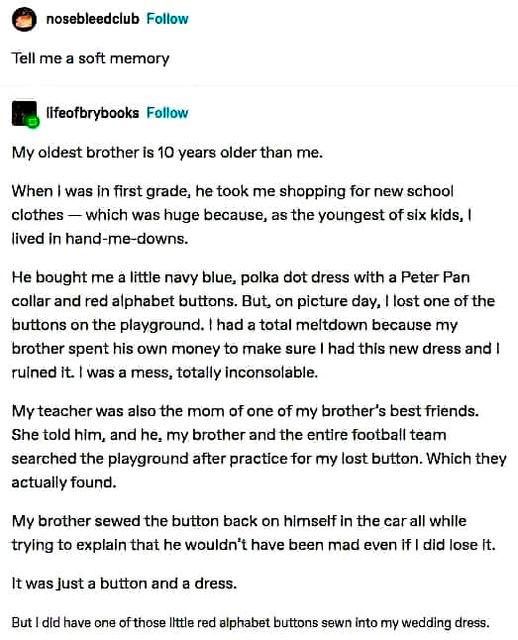 nosebleedclub Follow Tell me a soft memory treoforybooks Follow My oldest brother Is 10 years older than me When was n first grade he took me shopping for new school clothes which was huge because as the youngest of six kids lived In hand me downs He bought me a little navy biue polka dot dress with a Peter Pan collar and red alphabet buttons But on picture day lost one of the buttons on the playg