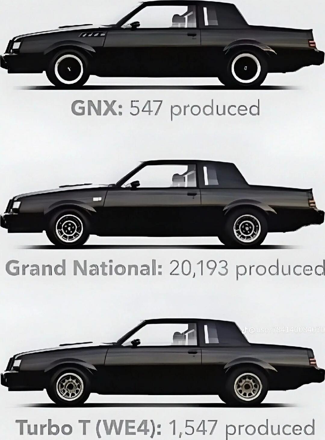 GNX: 547 produced
Grand National: 20,193 produced
Turbo T (WE4): 1,547 produced