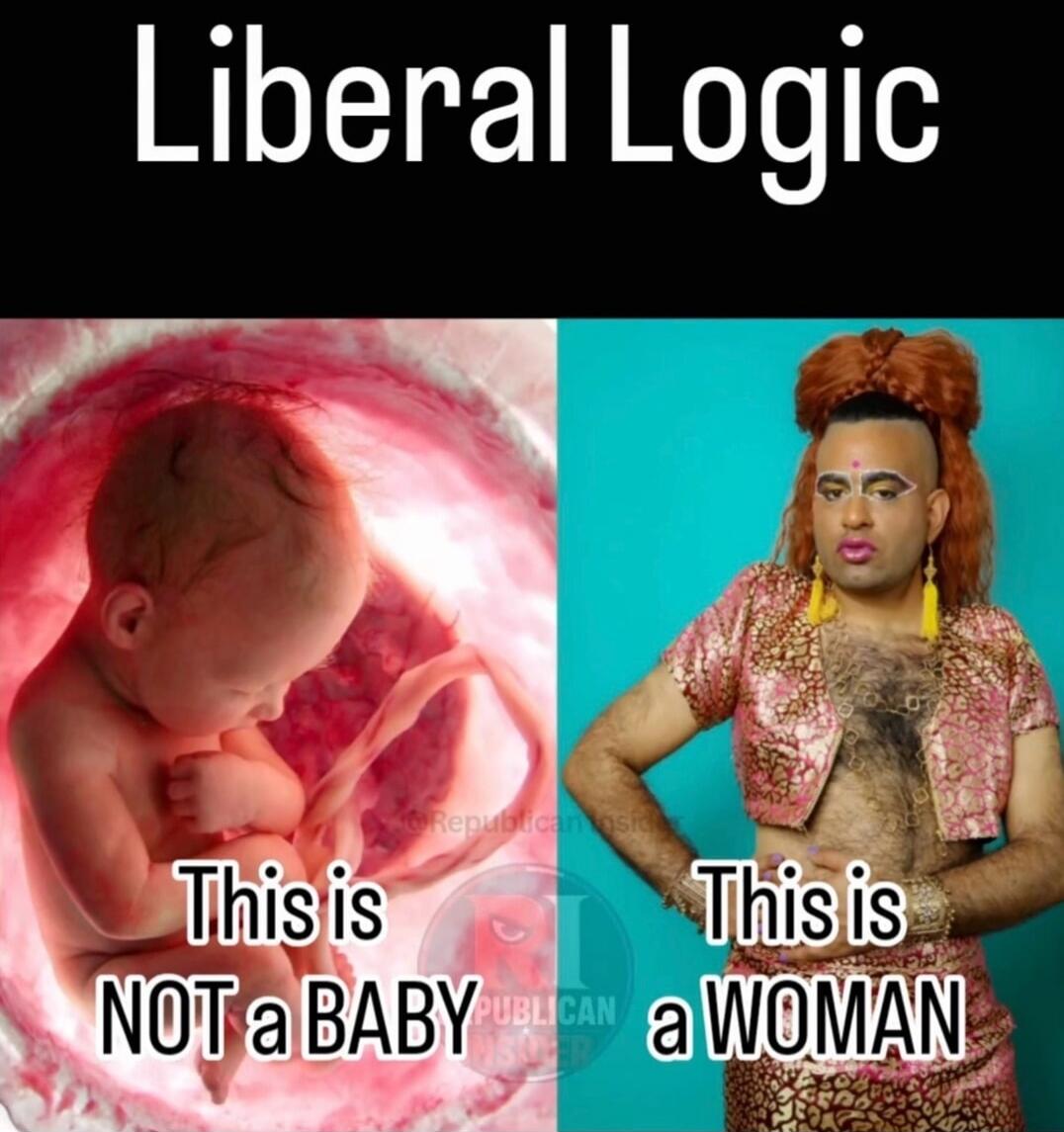 The image displays a meme titled 'Liberal Logic'. On the left, there's an image of a fetus in the womb with the text 'This is NOT a BABY'. On the right, there's a person in drag with a beard and chest hair, wearing makeup and a sparkly outfit, with the text 'This is a WOMAN'.