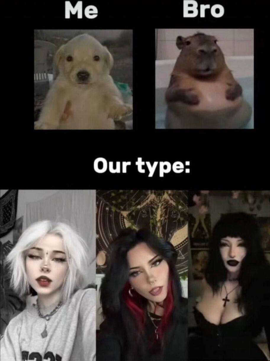 Me    Bro
Our type:
[three images of people with gothic/alternative styles]