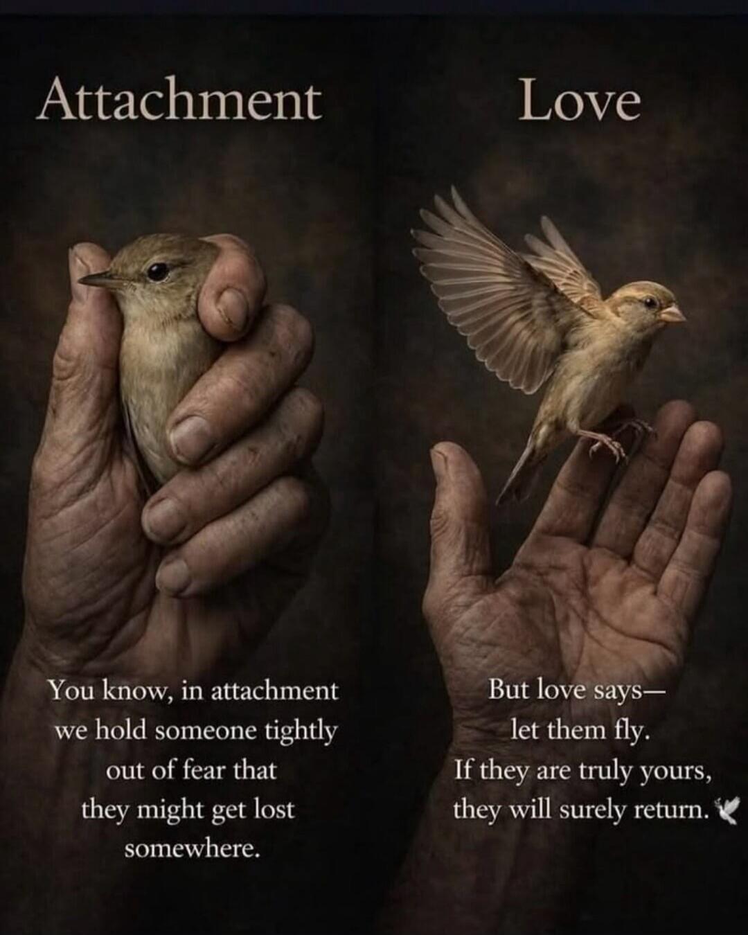 Attachment. You know, in attachment we hold someone tightly out of fear that they might get lost somewhere. Love. But love says— let them fly. If they are truly yours, they will surely return.