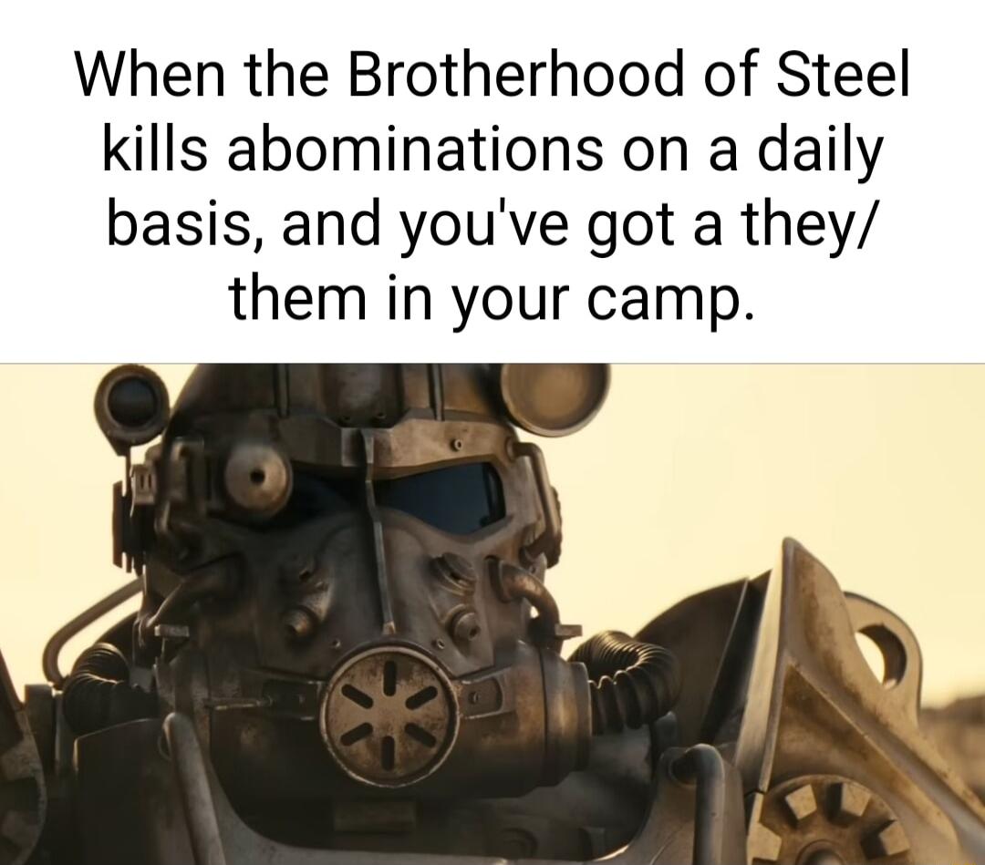 When the Brotherhood of Steel kills abominations on a daily basis and youve got a they them in your camp