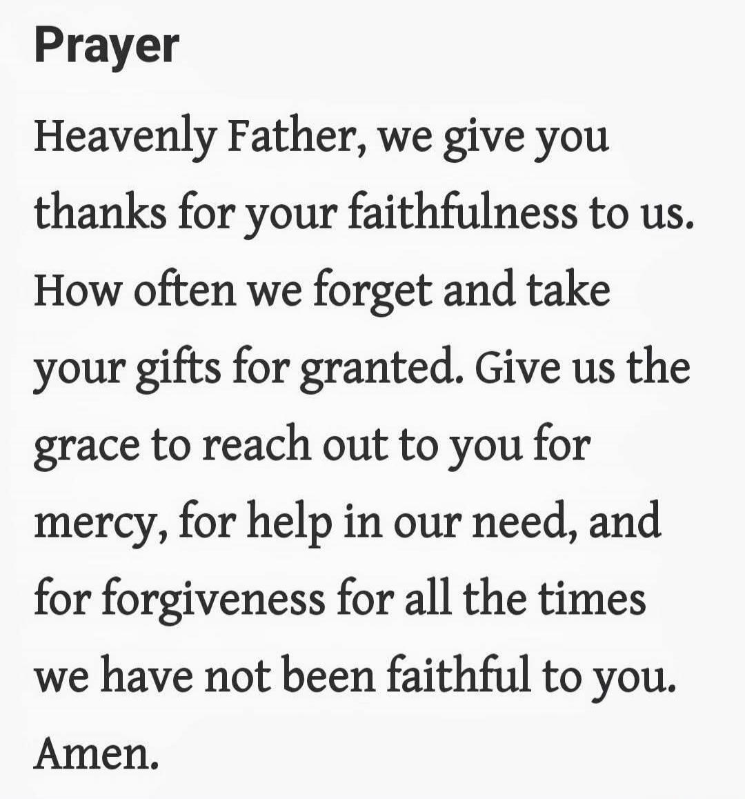 Prayer

Heavenly Father, we give you thanks for your faithfulness to us. How often we forget and take your gifts for granted. Give us the grace to reach out to you for mercy, for help in our need, and for forgiveness for all the times we have not been faithful to you. Amen.