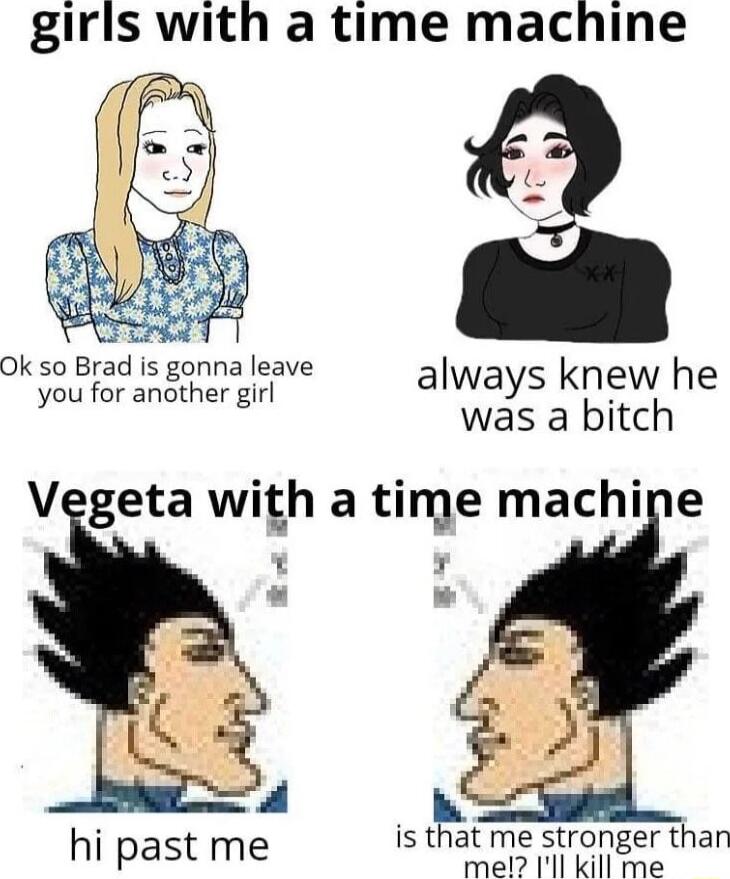 girls with a time machine Ok so Brad I sobpadisgannaleave always knew he was a bitch V geta with a time machipe 7 hi past me is that me stronger than me Ill kill me
