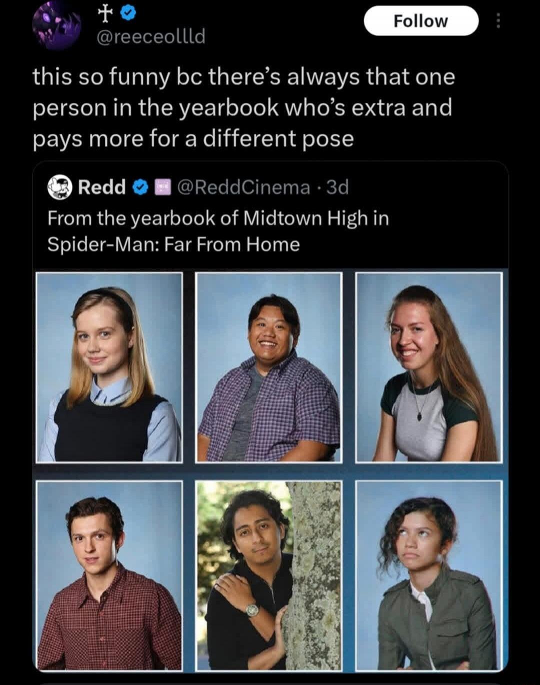this so funny bc there's always that one person in the yearbook who's extra and pays more for a different pose From the yearbook of Midtown High in Spider-Man: Far From Home