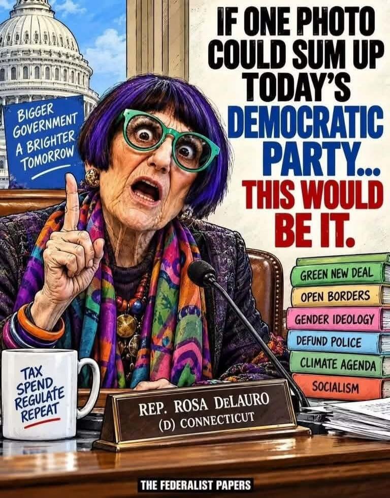 IF ONE PHOTO COULD SUM UP TODAY'S DEMOCRATIC PARTY... THIS WOULD BE IT. BIGGER GOVERNMENT A BRIGHTER TOMORROW. TAX SPEND REGULATE REPEAT. REP. ROSA DELAURO (D) CONNECTICUT. GREEN NEW DEAL. OPEN BORDERS. GENDER IDEOLOGY. DEFUND POLICE. CLIMATE AGENDA. SOCIALISM. THE FEDERALIST PAPERS.