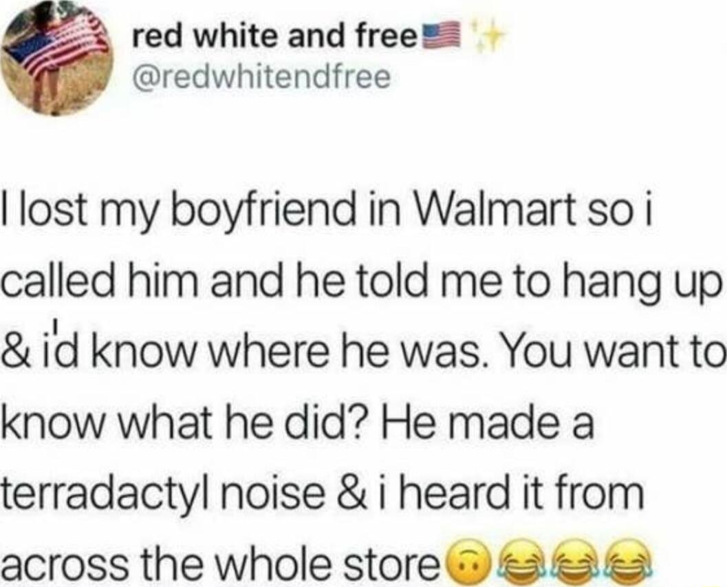 red white and frees redwhitendfree lost my boyfriend in Walmart so i called him and he told me to hang up id know where he was You want to know what he did He made a terradacty noise i heard it from across the whole store a e 3