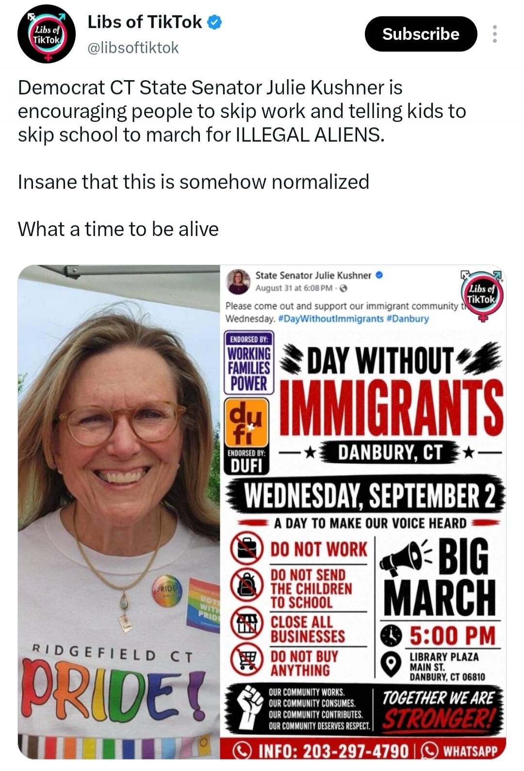 Libs of TikTok @libsoftiktok Subscribe. Democrat CT State Senator Julie Kushner is encouraging people to skip work and telling kids to skip school to march for ILLEGAL ALIENS. Insane that this is somehow normalized. What a time to be alive. State Senator Julie Kushner. August 31 at 6:08 PM. Please come out and support our immigrant community this W