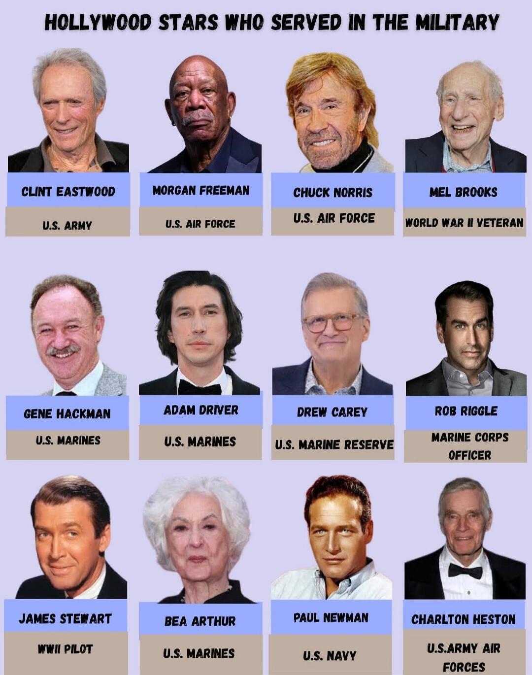 HOLLYWOOD STARS WHO SERVED IN THE MILITARY. Clint Eastwood U.S. Army. Morgan Freeman U.S. Air Force. Chuck Norris U.S. Air Force. Mel Brooks World War II Veteran. Gene Hackman U.S. Marines. Adam Driver U.S. Marines. Drew Carey U.S. Marine Reserve. Rob Riggle Marine Corps Officer. James Stewart WWII Pilot. Bea Arthur U.S. Marines. Paul Newman U.S. N